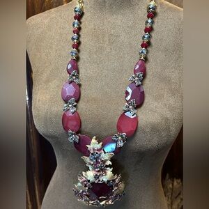 Barrera Redstone. Carnelian gold and bling statement piece. Necklace and pin.